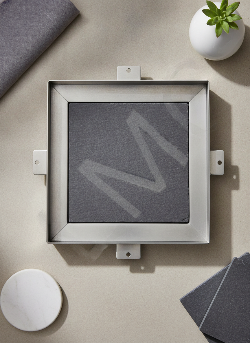 Close-up of LMC Recessed Stone Manhole Cover with a stone tile sample flush inside, on a clean light gray surface.