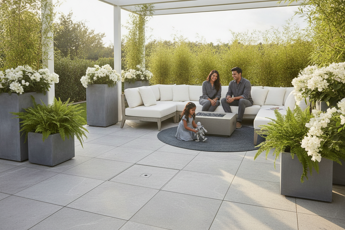 LMC recessed manhole cover flush with light gray stone tiles in a modern South Asian garden patio with charcoal furniture and